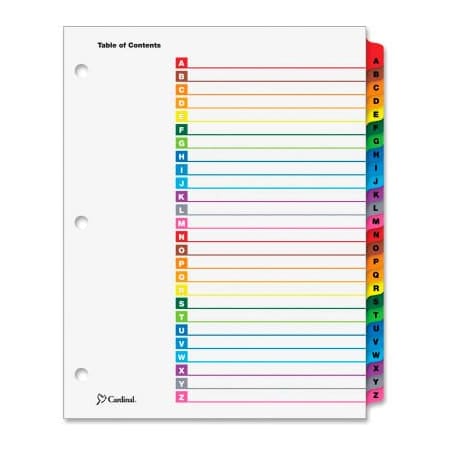 Cardinal Brands Cardinal OneStep Printable T.O.C. Divider, Printed A to Z, 9"x11", 26 Tabs, White/Multicolor 60218